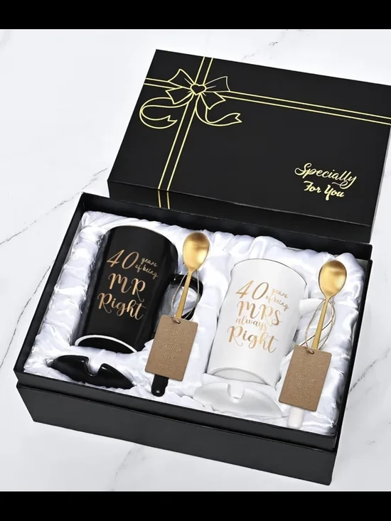 40th Anniversary Coffee Mug Set - Black & White with Gold Script - Picture 2 of 7